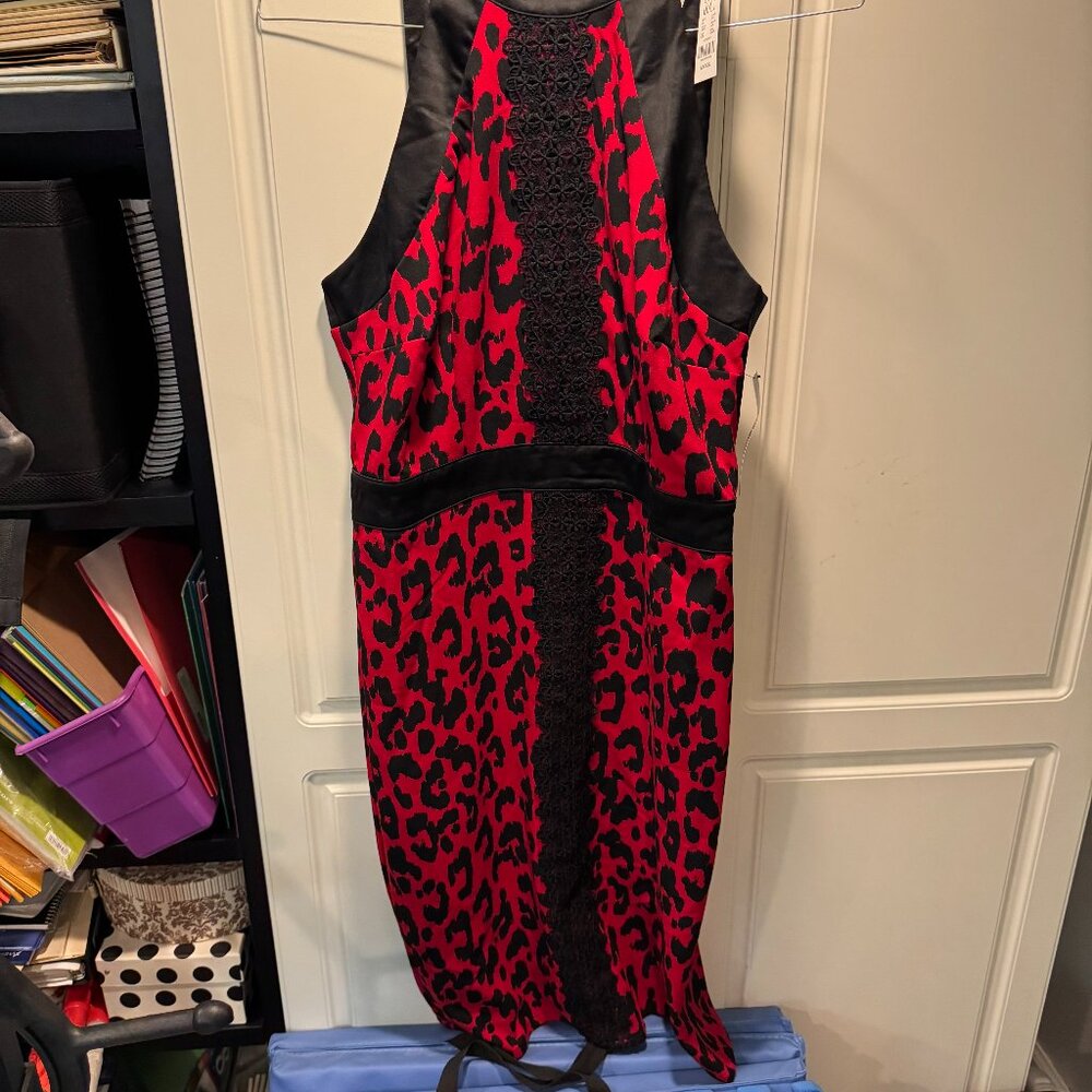 NWT-New York & Co Red/Black Sleeveless Leopard Patten Dress-Size Large